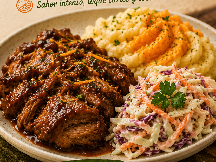 BONDIOLA A LA BBQ CON PURE DE PAPA/BATATA Y ENSALADA COLESLAW + PAN