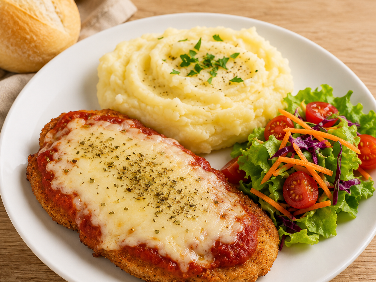 MILA DE PECHUGA NAPOLITANA CON PURE DE PAPA Y ENSALADA + PAN