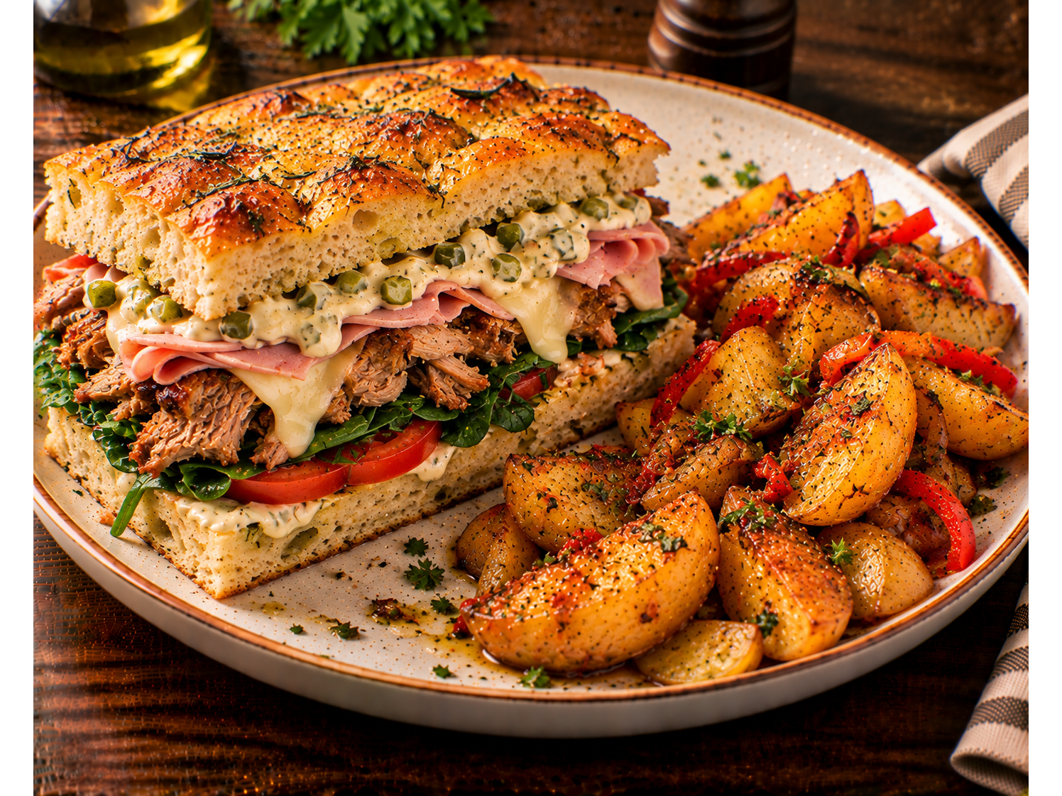 SANDWICH DE FOCACCIA CON BONDIOLA , JYQ, VERDES , TOMATE Y PAPAS ESPAÑOLAS