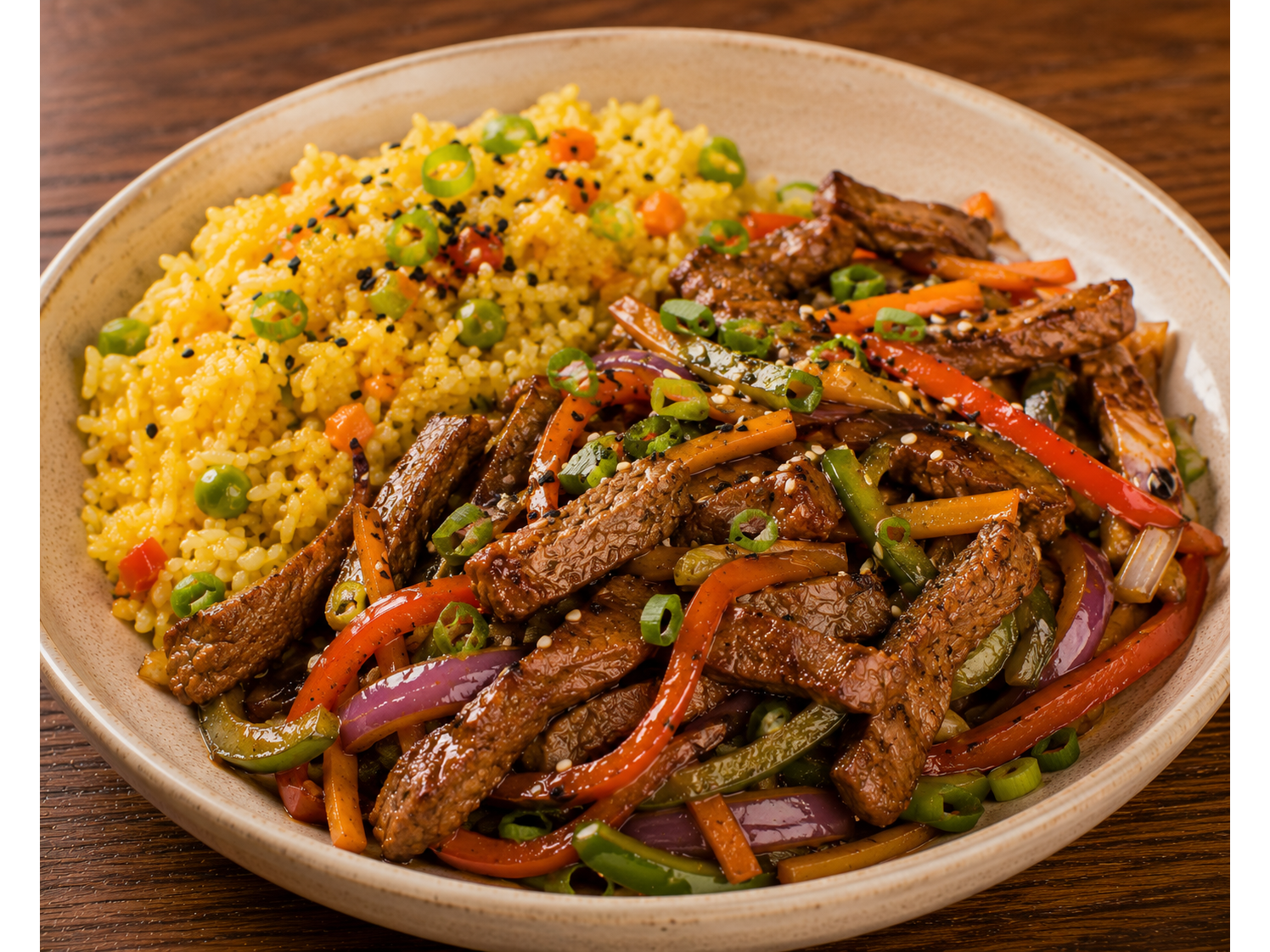 🥢 Wok Oriental de Carne, Arroz y Vegetales + Pan