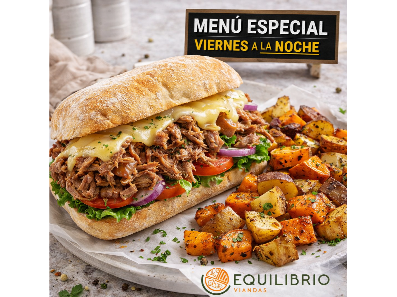 CIABATTA DE BONDIOLA HORNEADA Y VEGETALES CON QUESO + PAPAS Y BATATAS AL HORNO