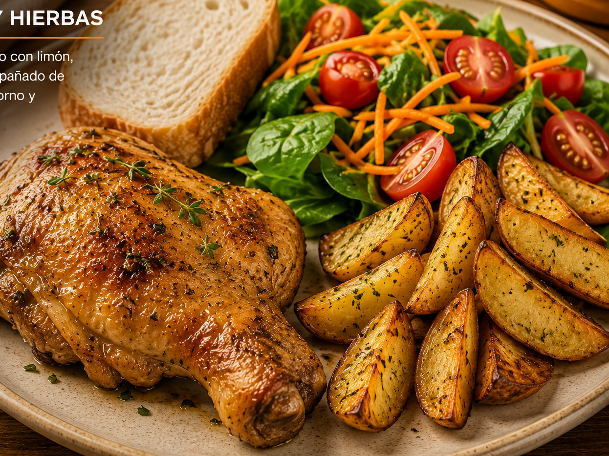 PATA-MUSLO HORNEADA CON LIMON Y HIERBAS + PAPAS RUSTICAS AL HORNO + PAN