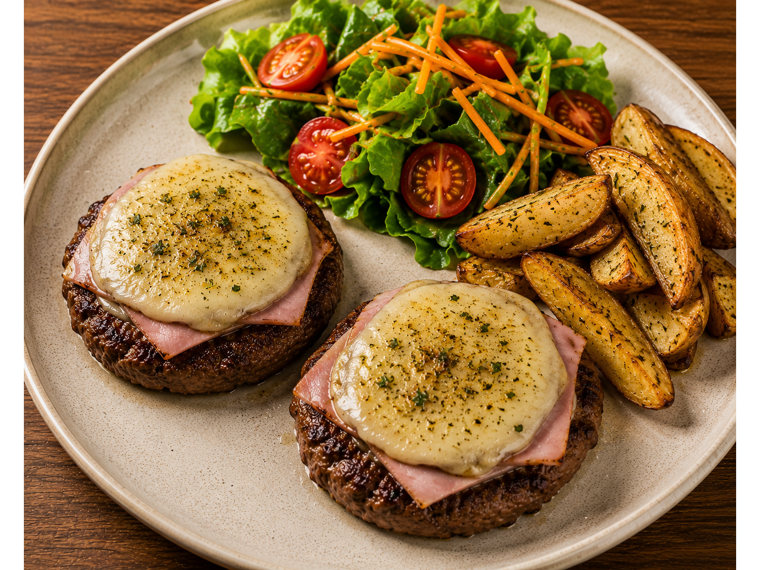 HAMBURGUESAS CASERAS CON JYQ+PAPAS RUSTICAS Y ENSALADA