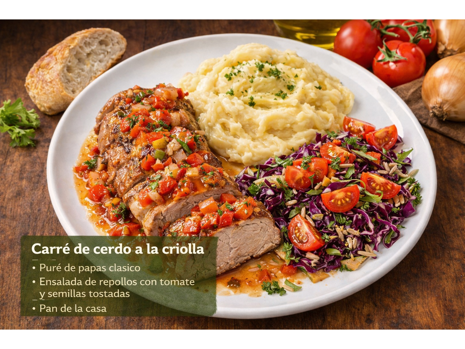CARRE DE CERDO A LA CRIOLLA CON PURE DE PAPAS CLASICO Y ENSALADA + PAN