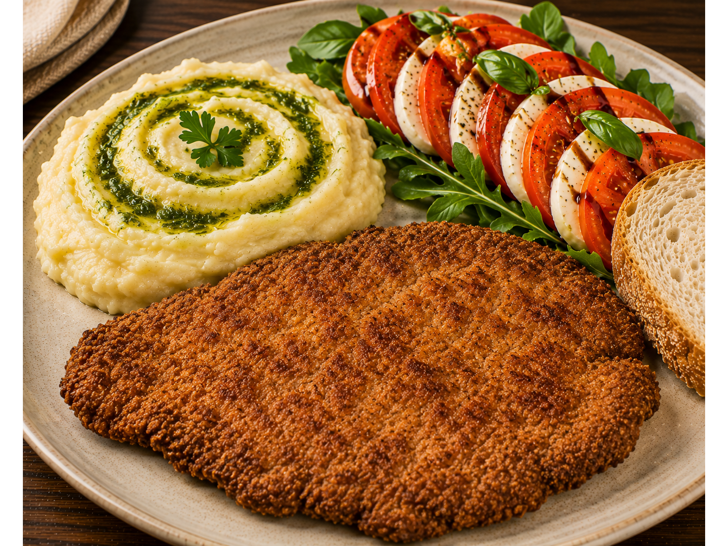 MILANESA DE TERNERA + PURE DE PAPA SABORIZADO Y ENSALADA CAPRESSE