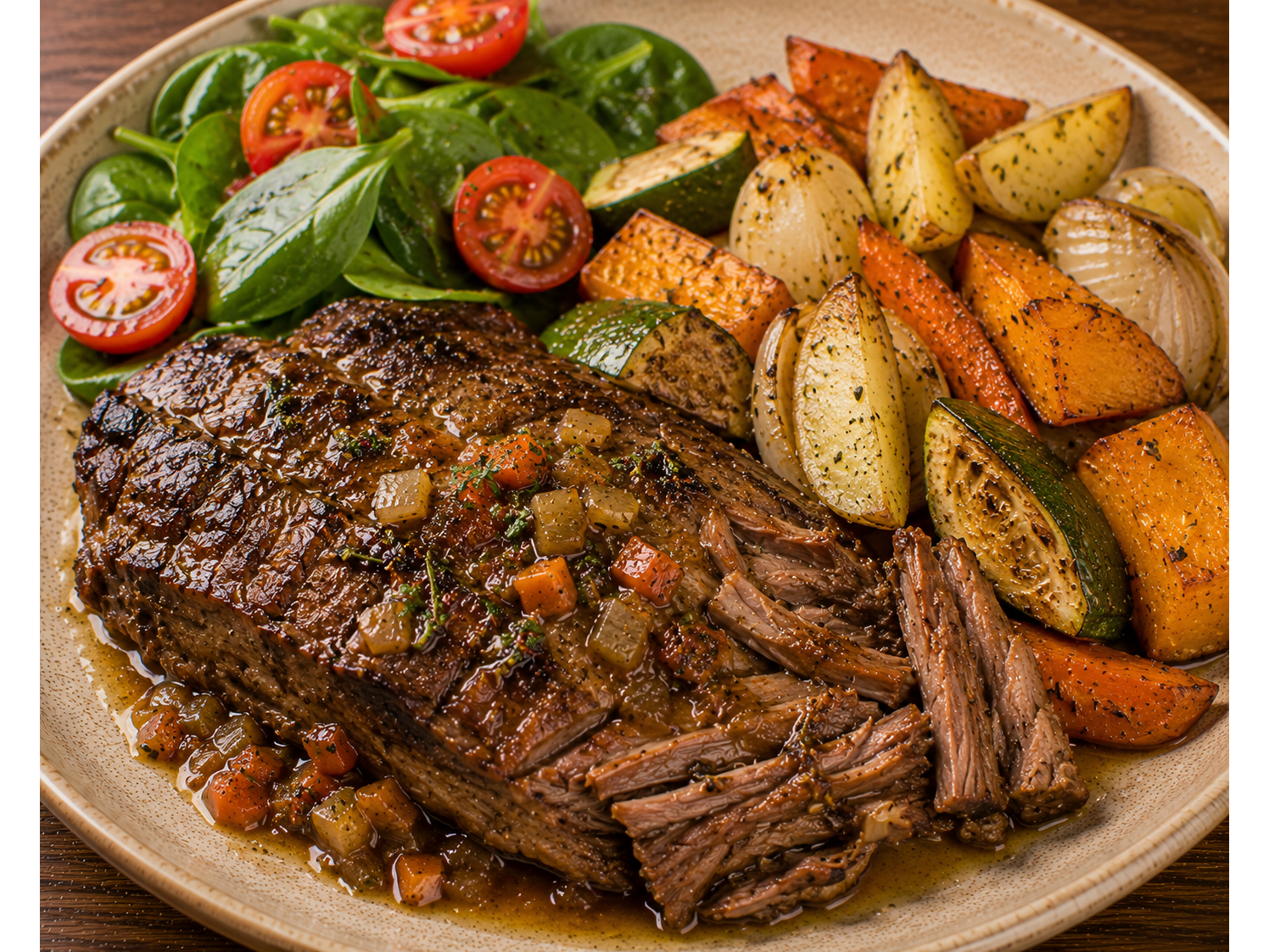 🥩 Vacïo al horno braseado con vegetales asados y ensalada + pan.