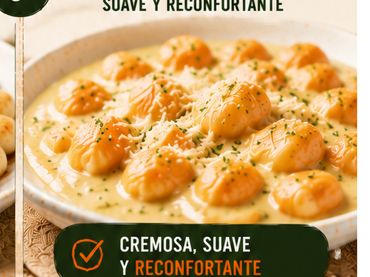 ÑOQUIS DE BATATA CON SALSA 4 QUESOS + PAN