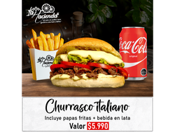 Churrasco Italiano + papas fritas + lata de bebida