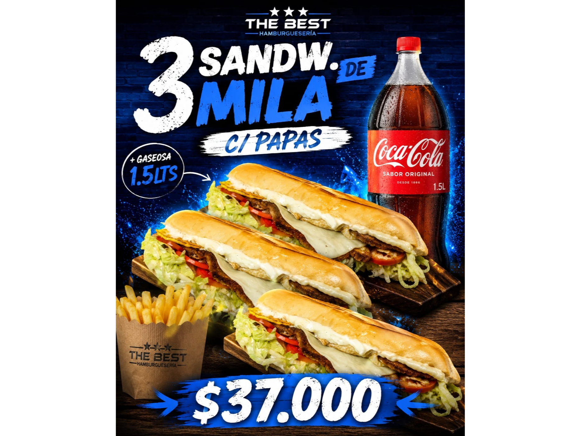 3 Sandwich de Milanesa + Gaseosa 1.5L