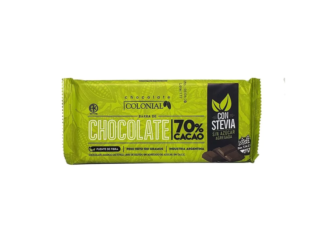 Chocolate COLONIAL 70% CACAO con STEVIA 100 GR SIN TACC