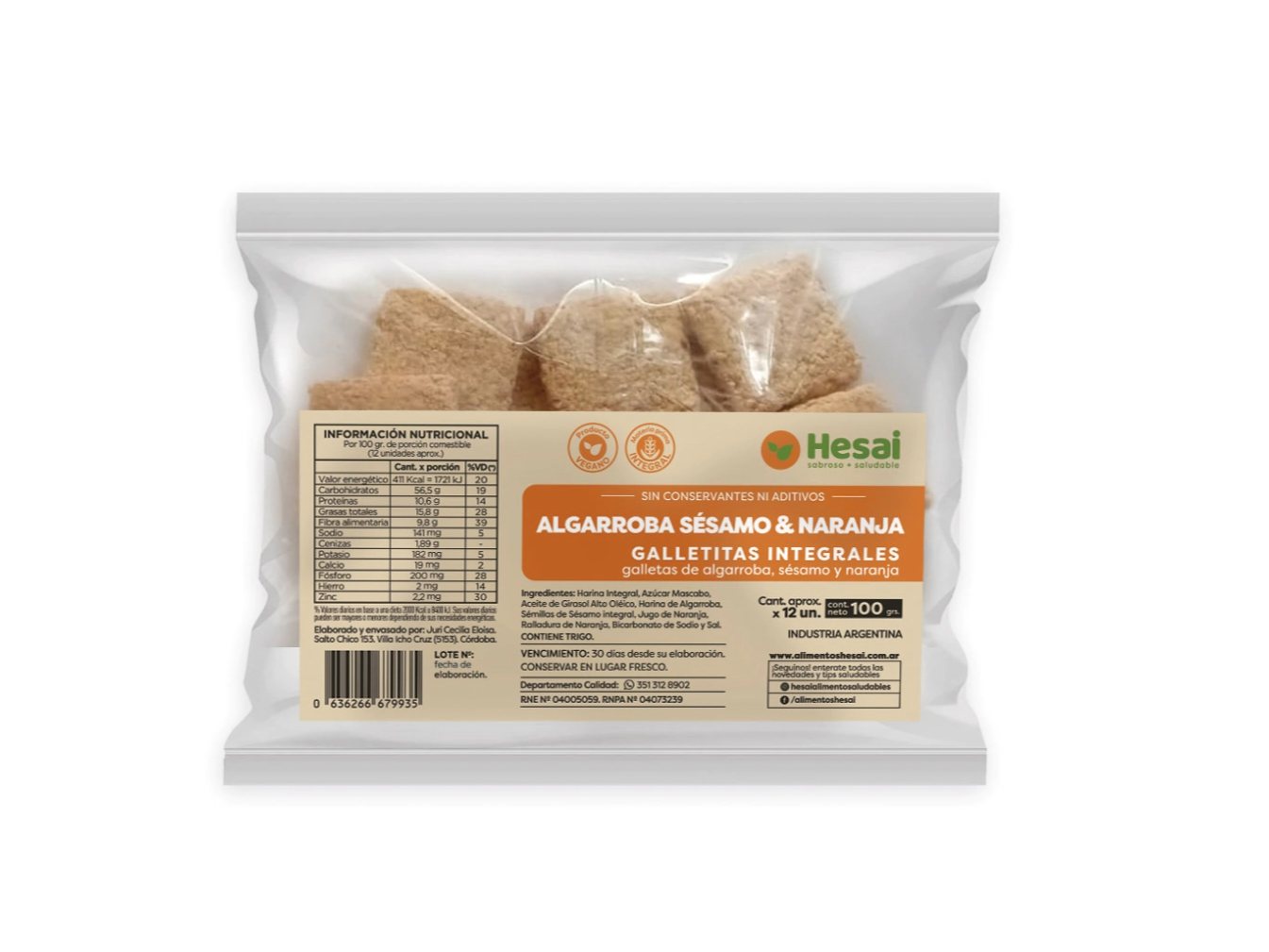 Galletas veganas de algarroba, sesamo y naranja HESAI 100 gr