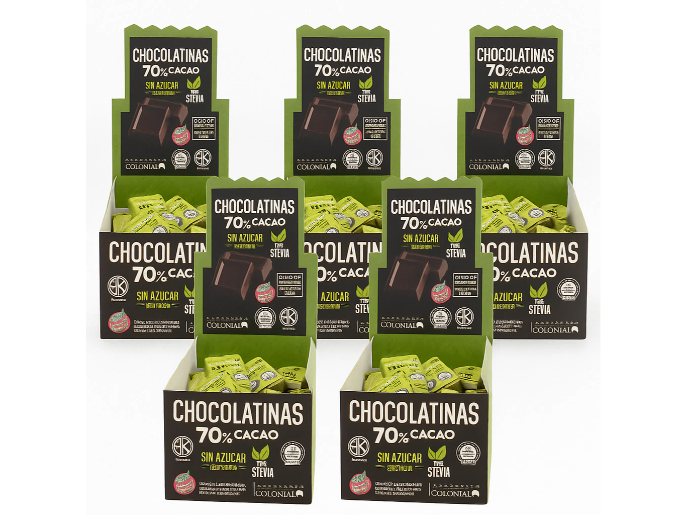 Chocolatinas sin azucar con stevia, cacao al 70% 5 gr