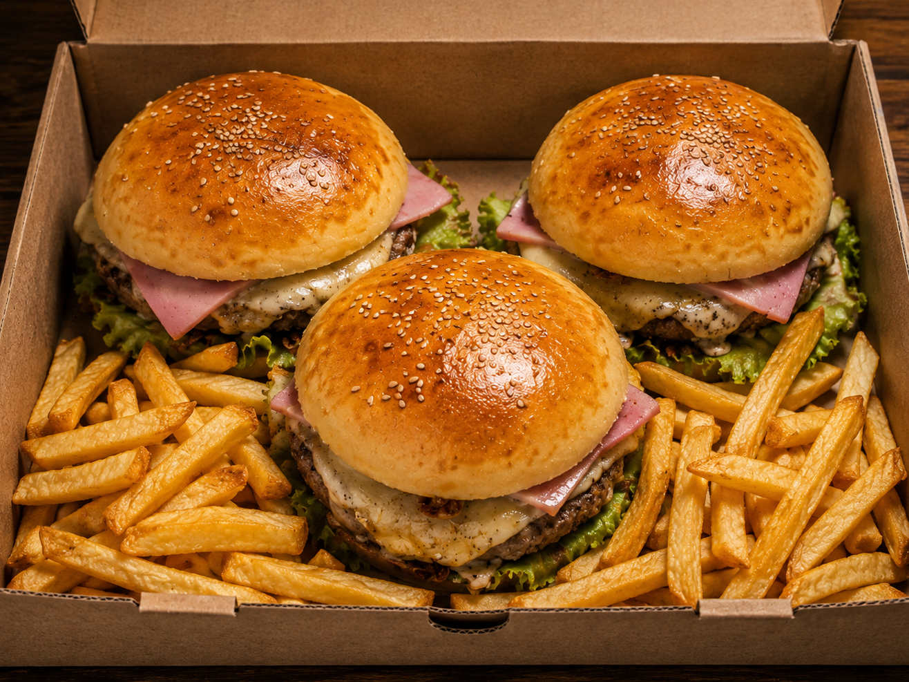 3 hamburguesas especiales+ papas