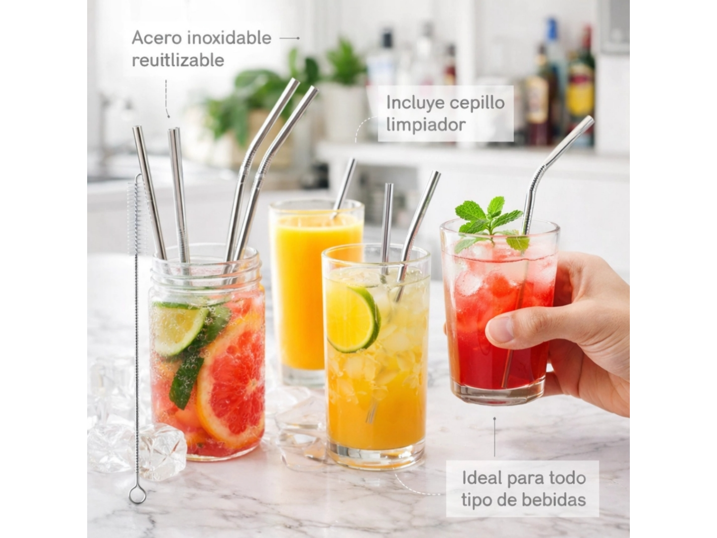 SET DE 4 SORBETES DE ACERO INOXIDABLE CON LIMPIADOR