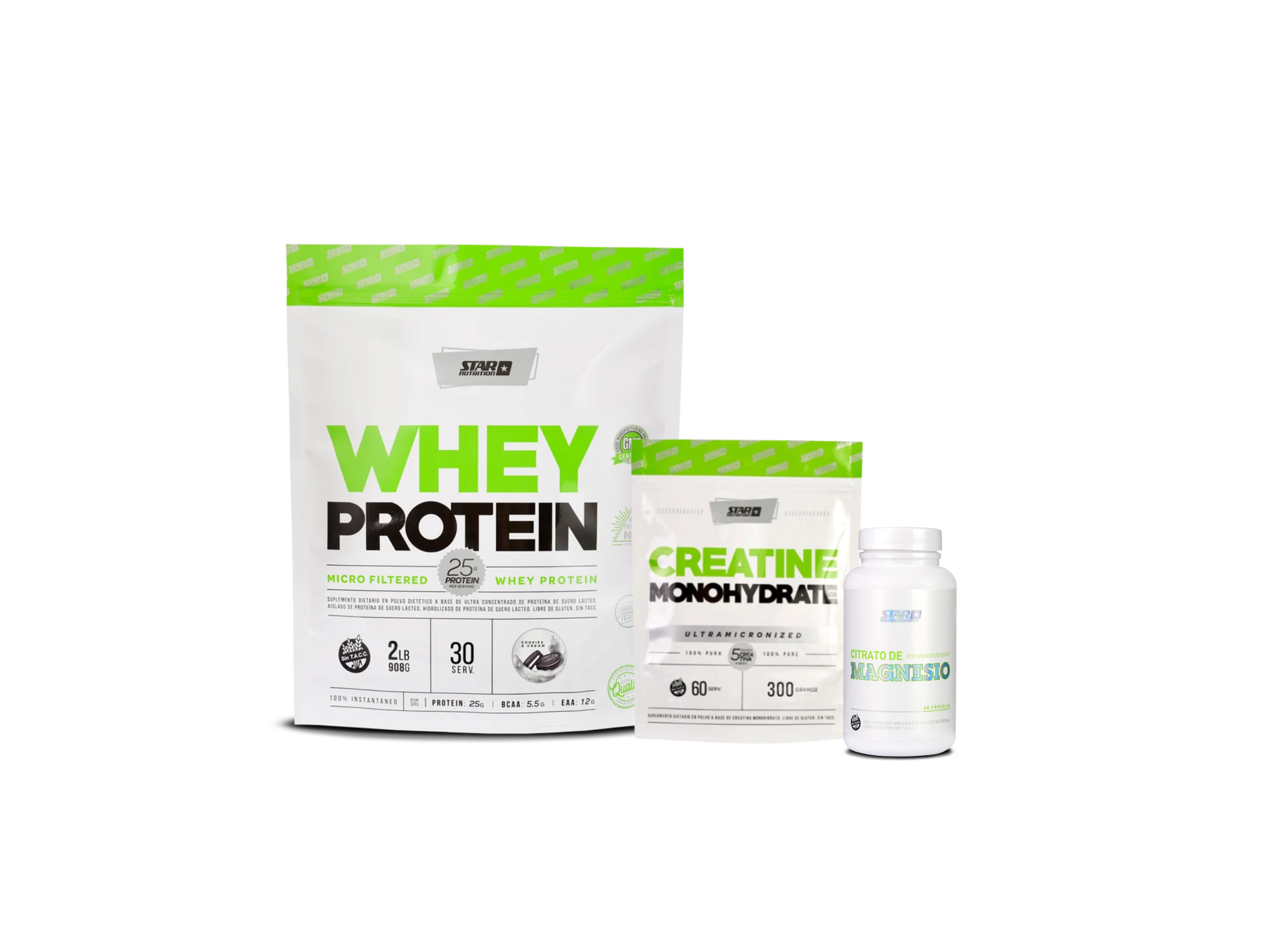 COMBO ARRANQUE STAR Whey Doypack 2 lb + Creatina 300g + Citrato de Magnesio x60 caps