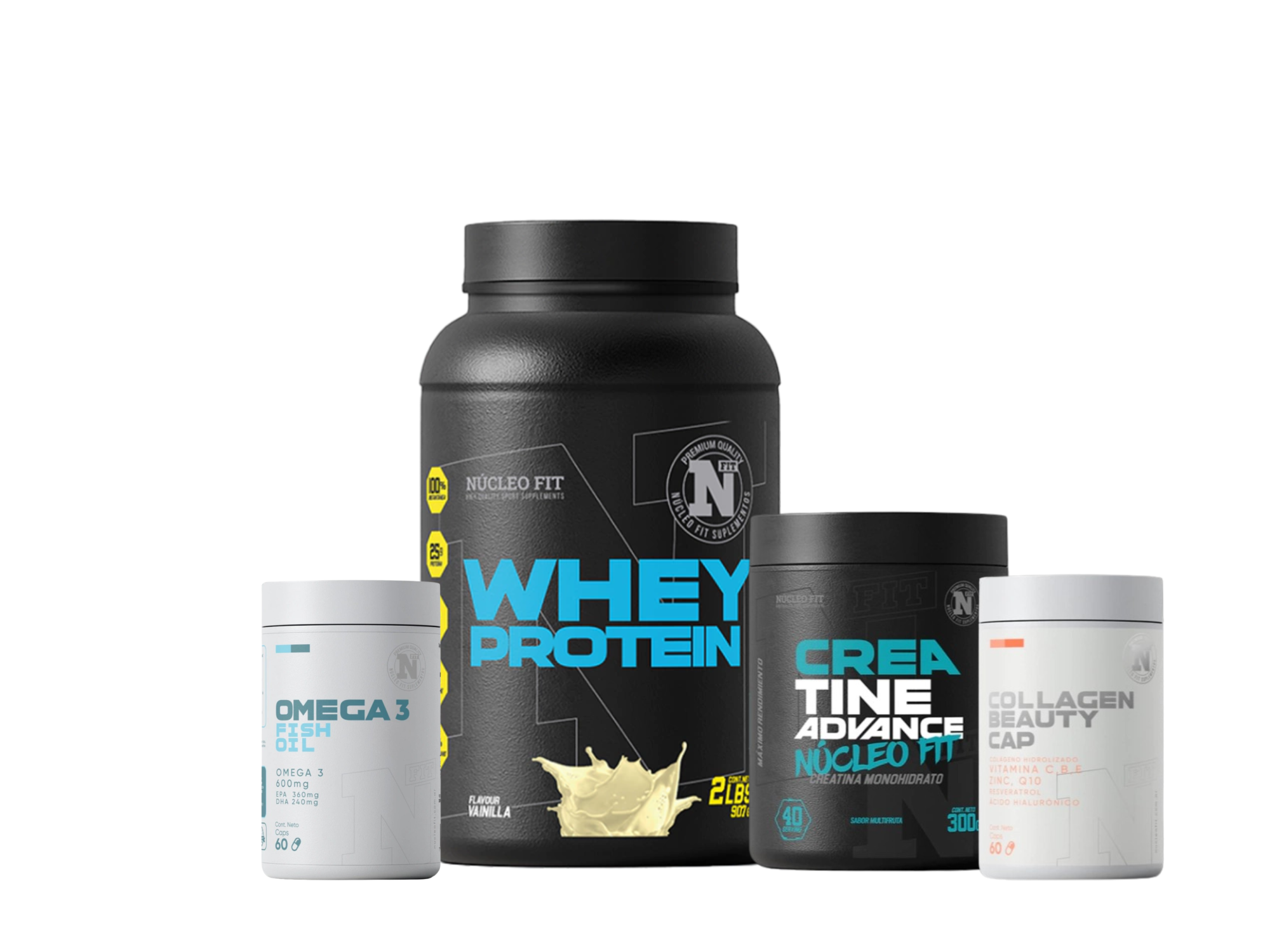 COMBO I WHEYPROTEIN NUCLEOFIT - 2Lbs + CREATINA ADVANCE - Sabor Multifruta- 300g + Omega 3 x60 + Colágen Beauty x90