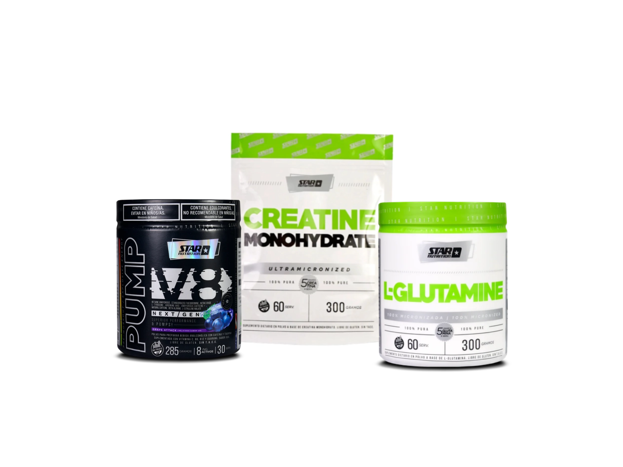 COMBO FUNCIONAL / CROSSFIT Pump V8 + Creatina 300g + L-Glutamine 300g