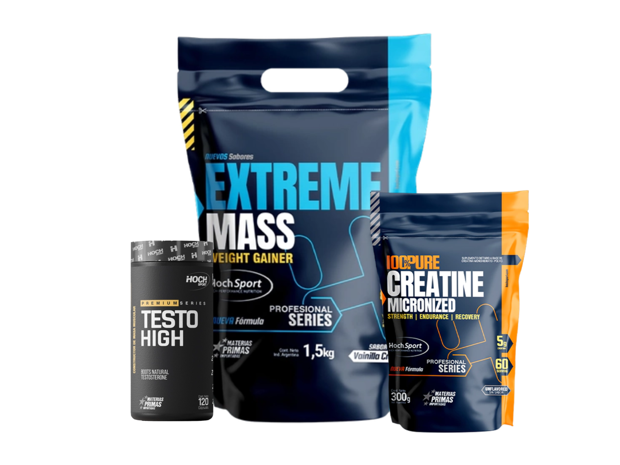COMBO MEGA VOLUMEN | EXTREME MASS Gainer - 1,5 kgs | CREATINE Micronized - 300g | Testo High x 120 cap  | HochSport