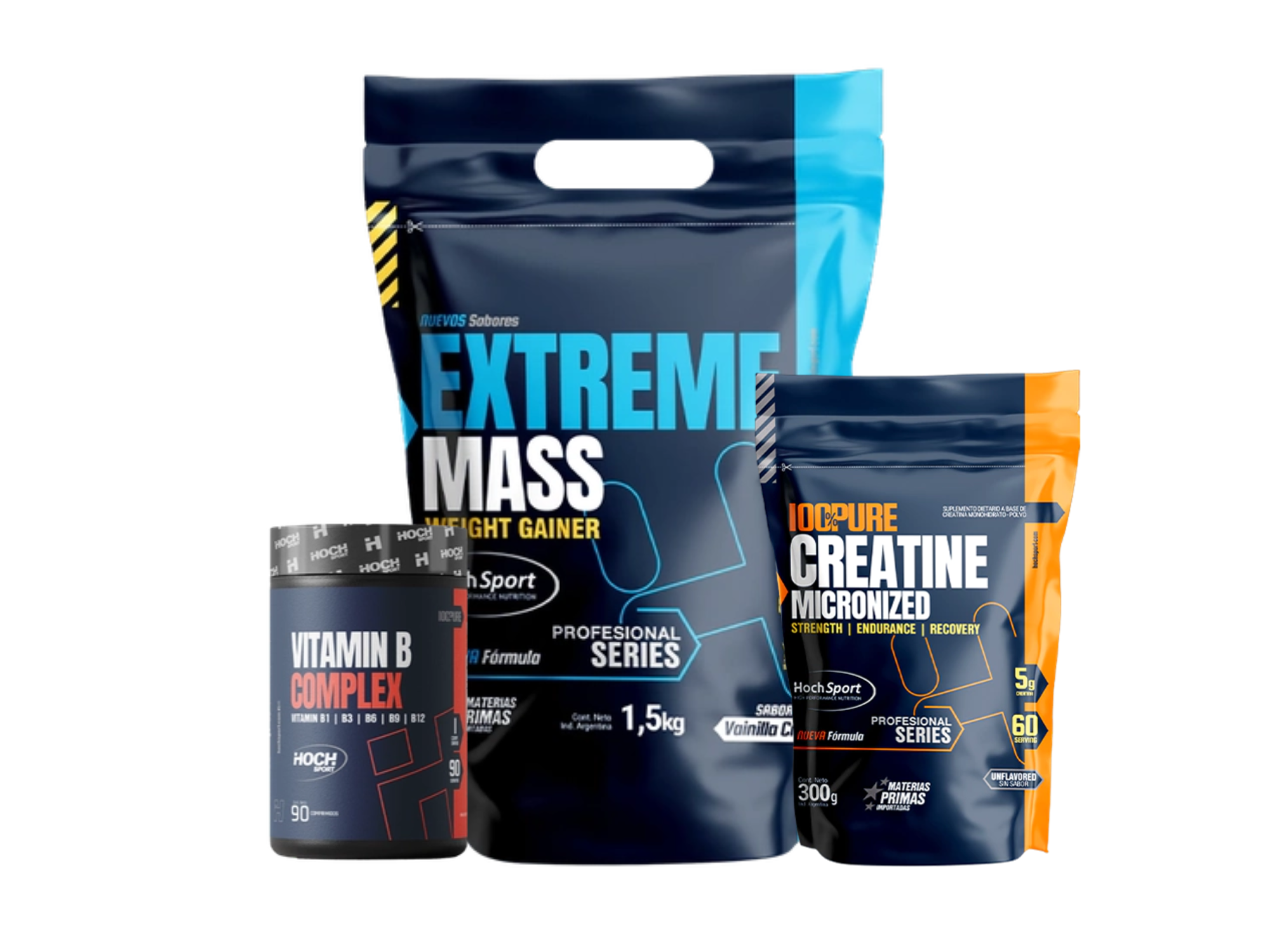 COMBO VOLUMEN | EXTREME MASS Gainer - 1,5 kgs | CREATINE Micronized - 300g | VITAMIN B COMPLEX - x90 comp | HochSport