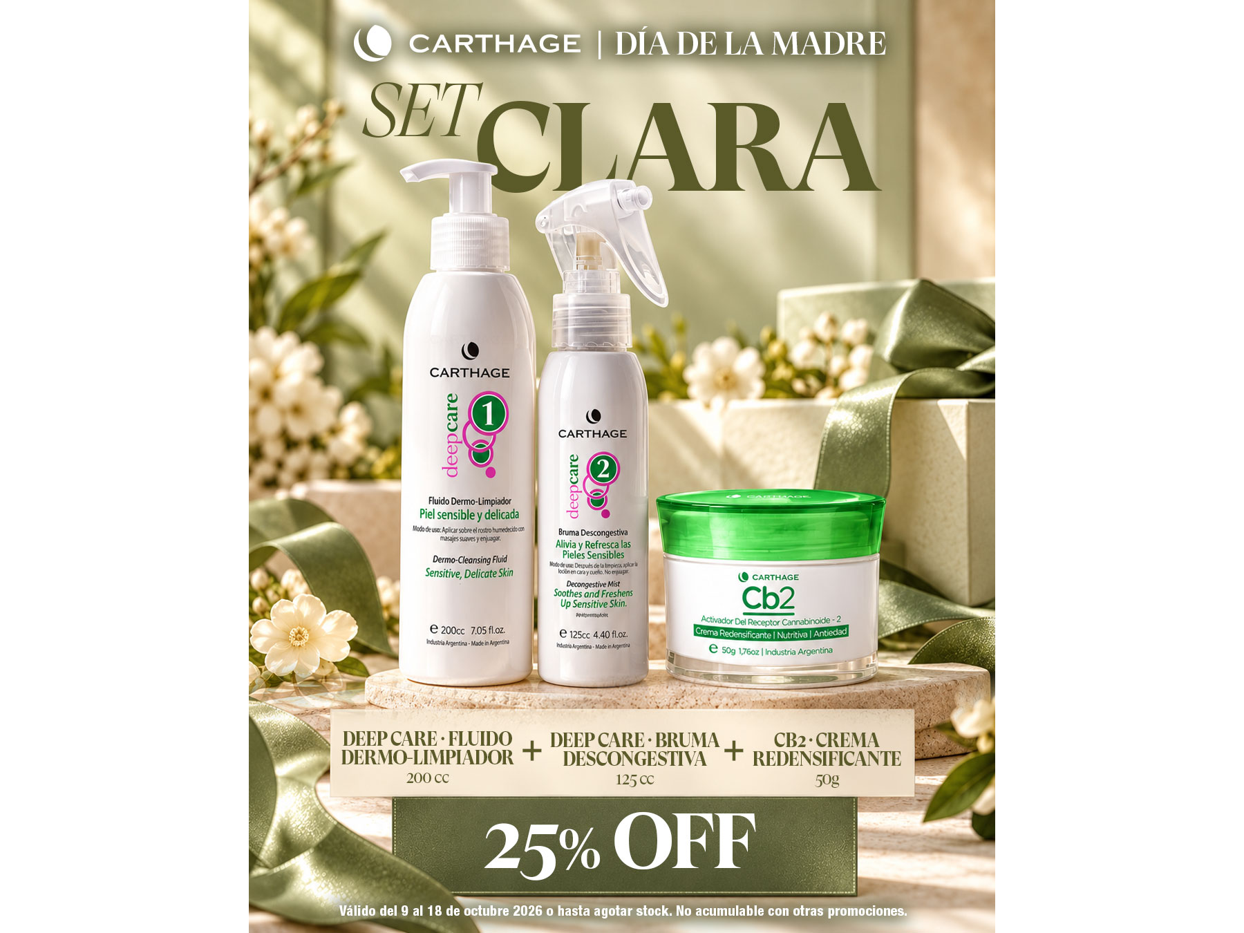 --SET CLARA--FLUIDO DERMO LIMPIADOR 200 cc--(109) + BRUMA DESCONGESTIVA 125 cc (111) + CB2 CREMA REDENSIFICANTE X 50 g--(151)