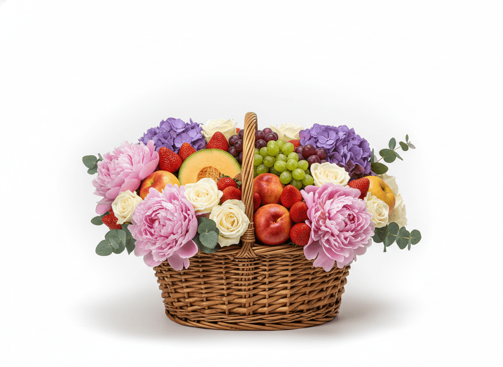 Canasta de flores y frutas
