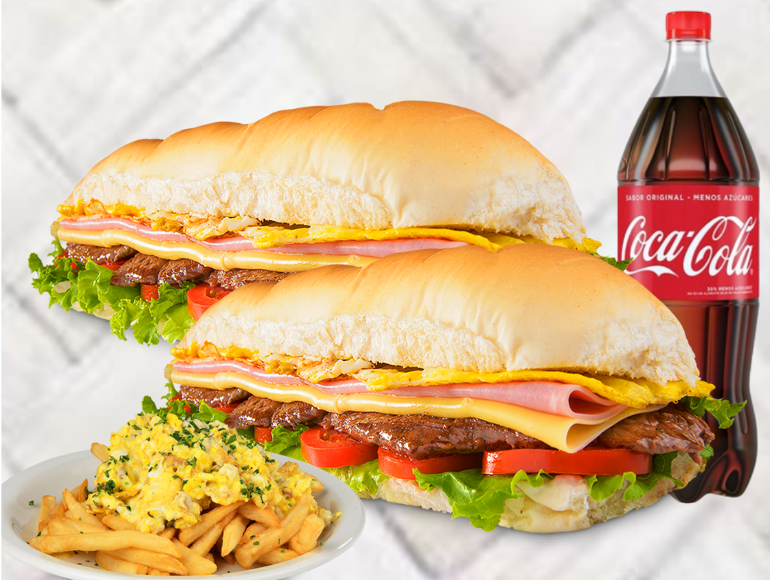 Grande Panino: 2 Lomos grandes + Papas Fritas c/ Huevo + Coca Cola 1.5L