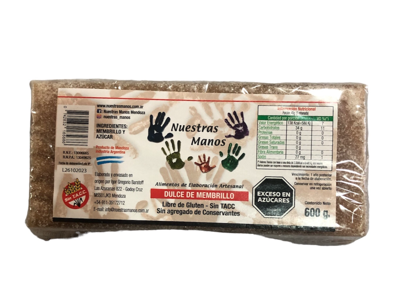 Dulce de membrillo orgánico en pan Nuestras Manos x 600 grs