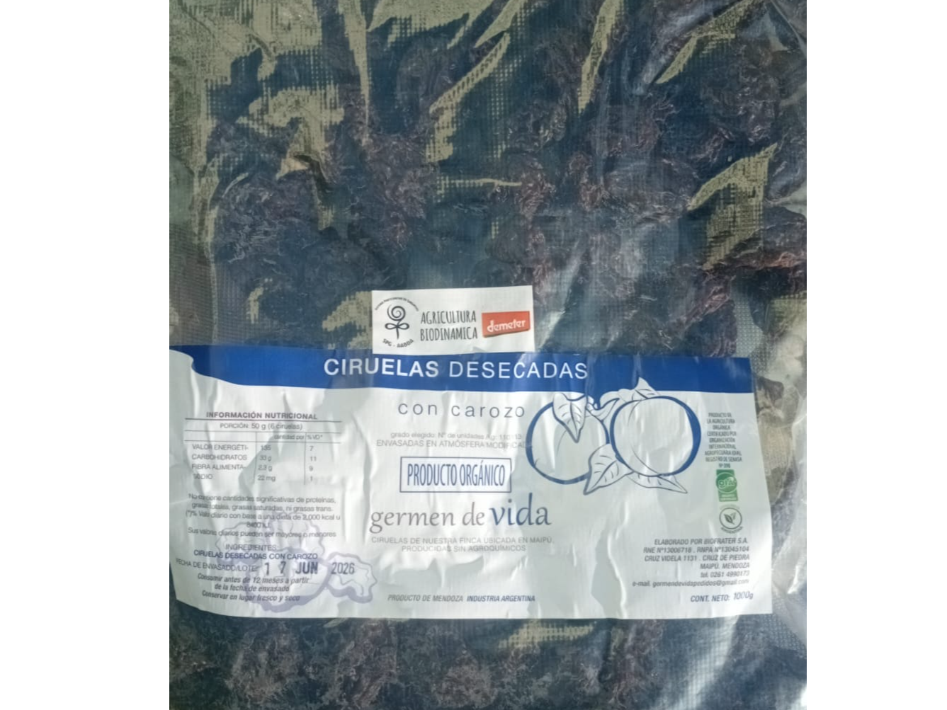1 k ciruelas deshidratadas c/carozo  "Germen de Vida"