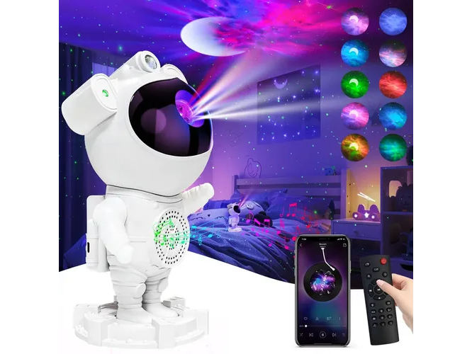 ASTRONAUTA PROYECTOR DE GALAXIA LUNA Y ESTRELLAS + PARLANTE BLUETOOTH TAMAÑO GRANDE