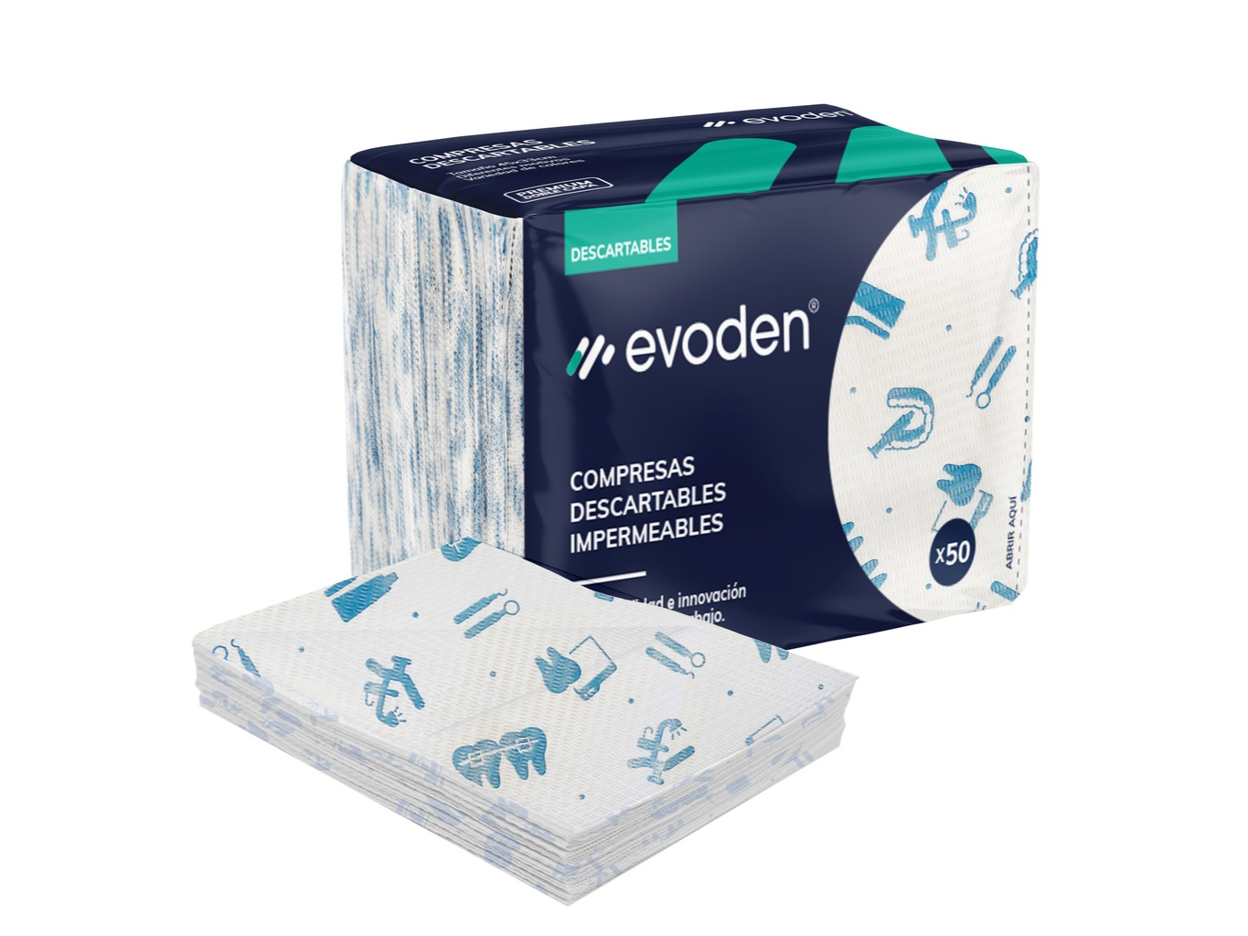 Compresas Descartables Premium ESTAMPADAS COLOR Doble Capa - Bolsa x 50u. EVODEN