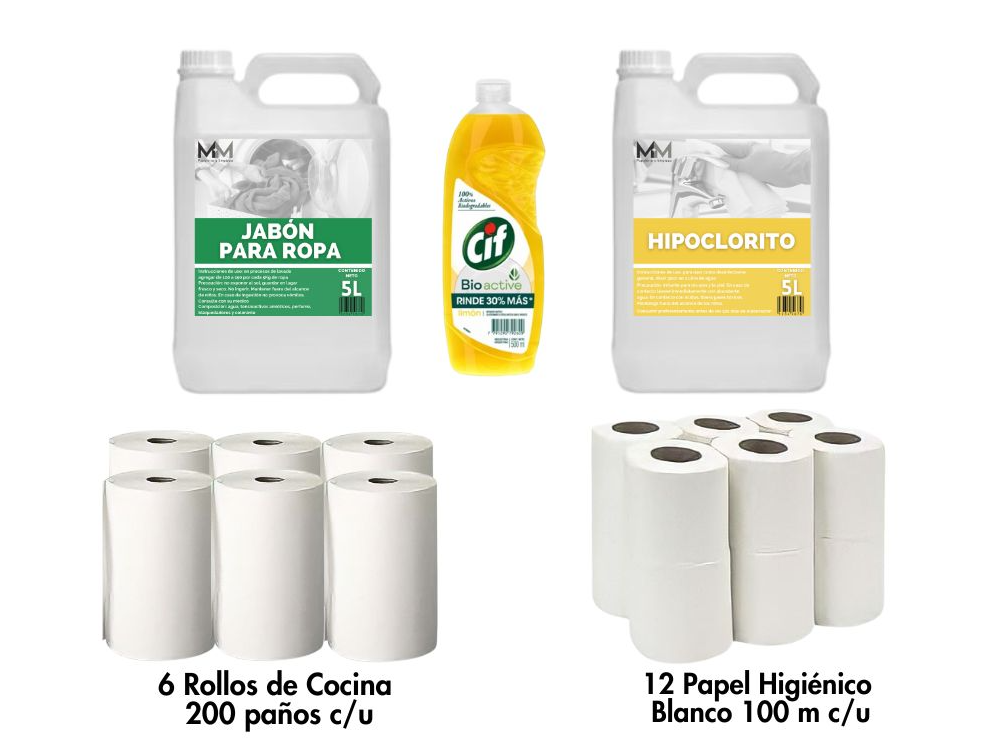 ¡COMBO CLÁSICO! Jabón Ropa + Lavandina + Detergente Cif + Papel Hig. + Rollo de Cocina