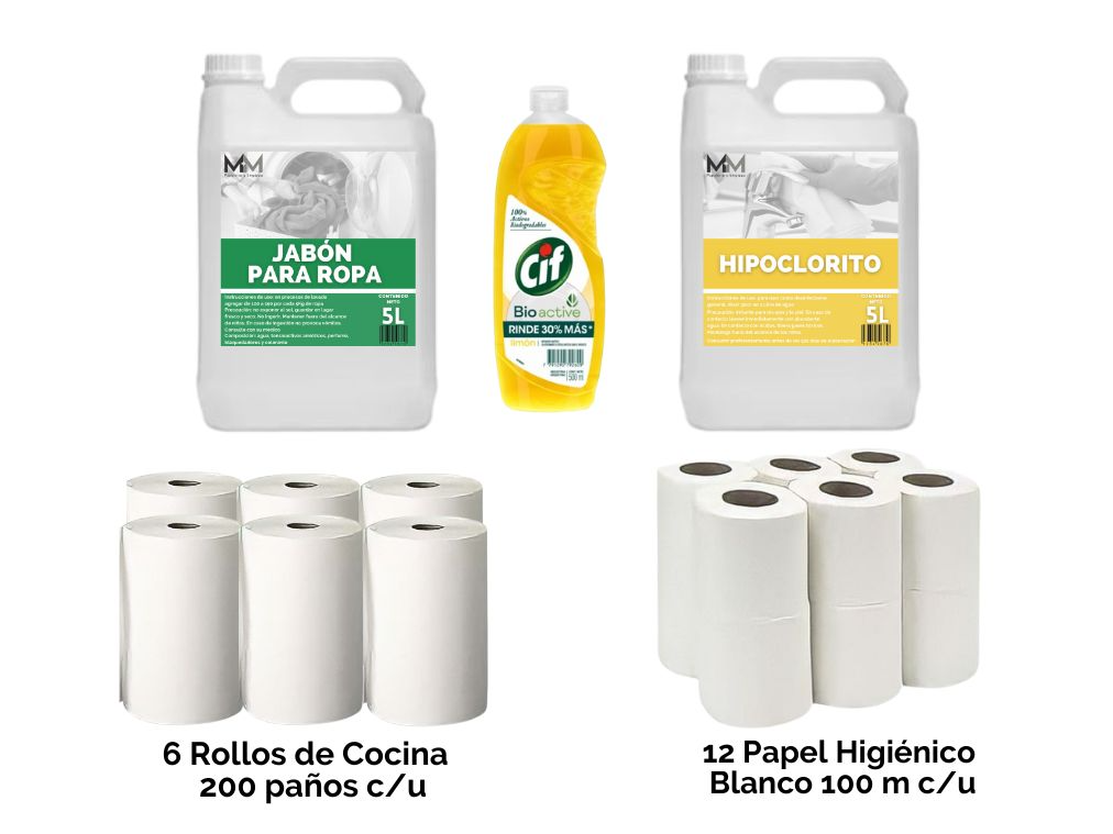 ¡COMBO CLÁSICO! Jabón Ropa + Lavandina + Detergente Cif + Papel Hig. + Rollo de Cocina