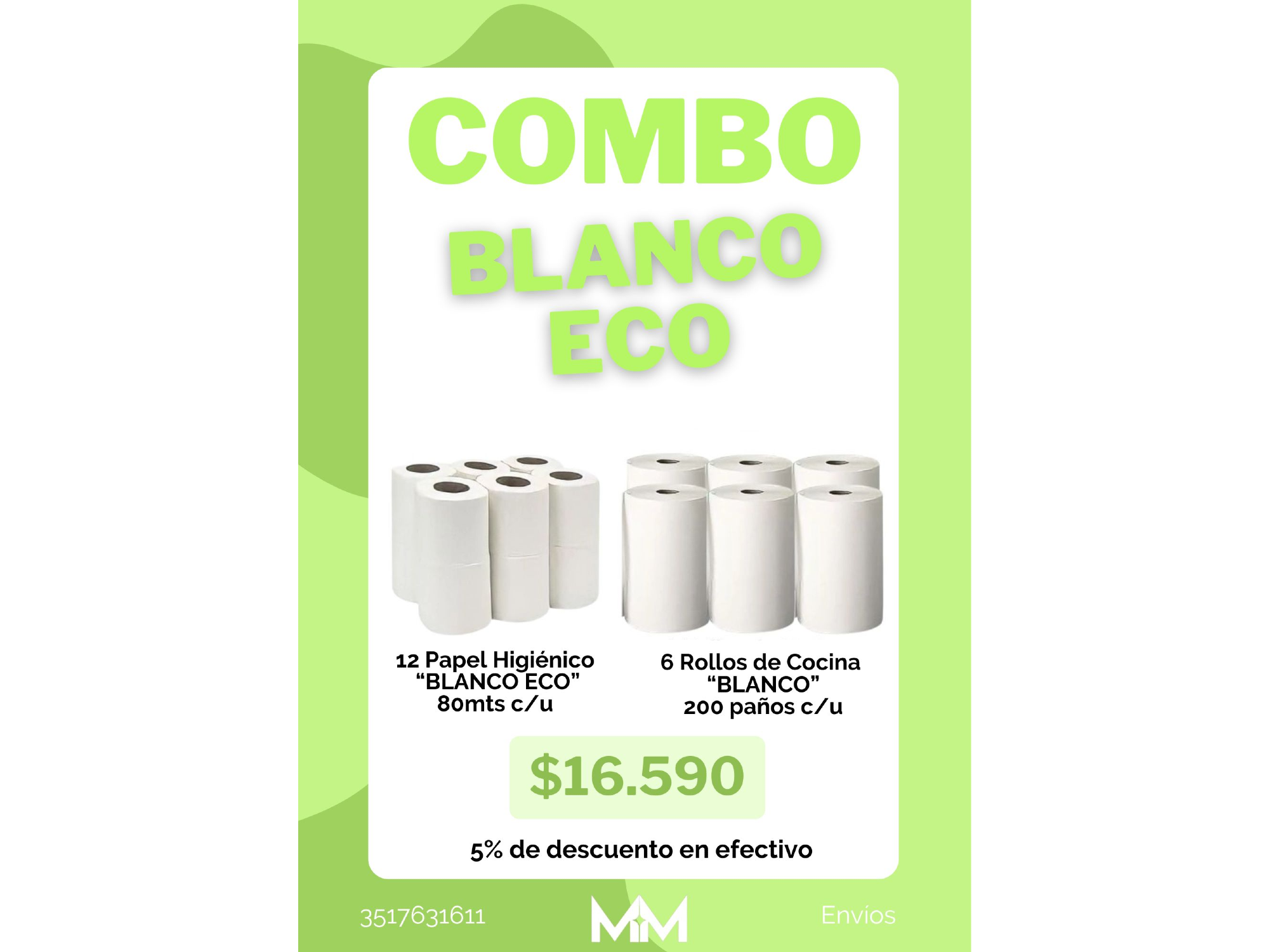 Combo 1: 12 Papel Hig. 80 mts + 6 Rollos Cocina 200 paños c/u