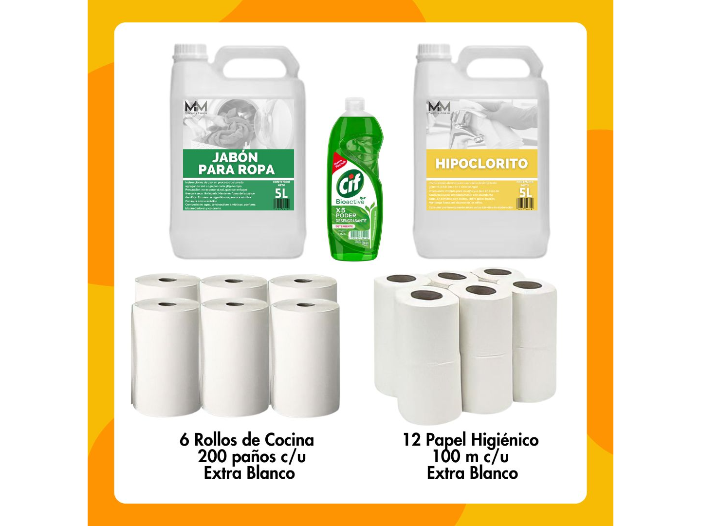 ¡COMBO CLÁSICO! Jabón Ropa + Lavandina + Detergente Cif + Papel Hig. + Rollo de Cocina