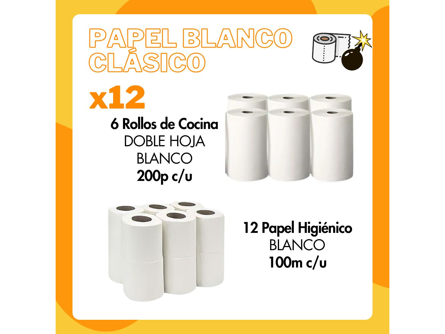 Combo 1: 12 Papel Hig. 100 mts + 6 Rollos Cocina 200 paños c/u "Blanco Eco"