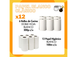 Combo 1: 12 Papel Hig. 100 mts BLANCO + 6 Rollos Cocina 200 paños c/u