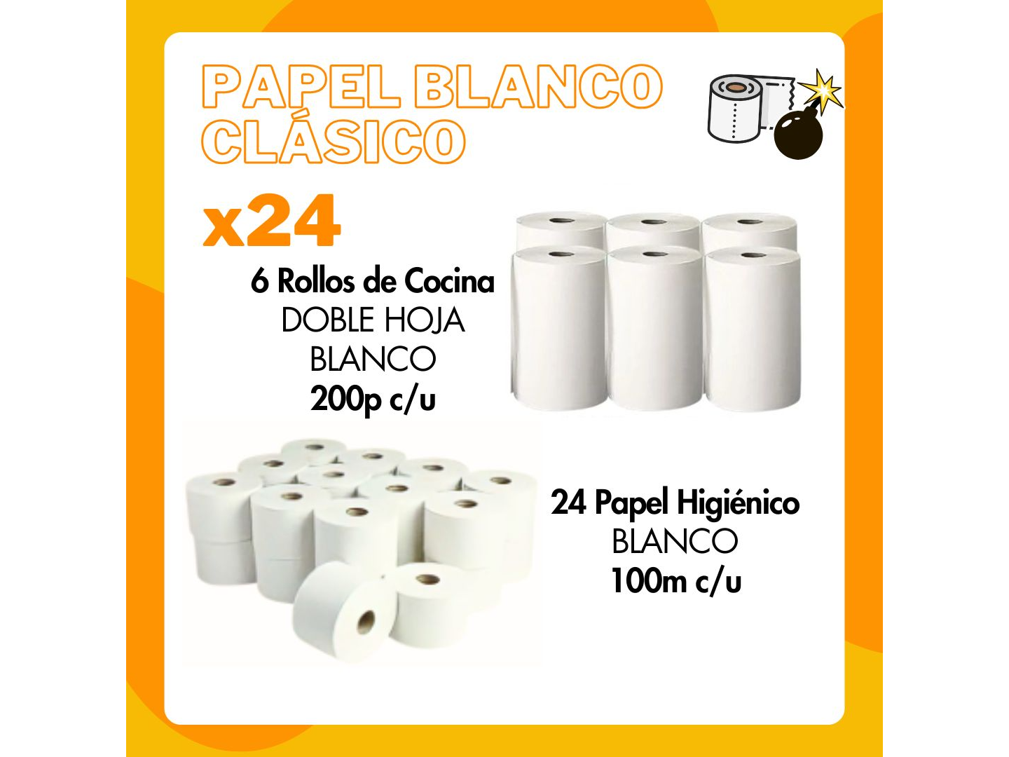 Combo 2: 24 Papel Hig.100 mts BLANCO + 6 Rollo Cocina 200 paños c/u