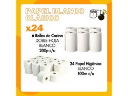 Combo 2: 24 Papel Hig.100 mts BLANCO + 6 Rollo Cocina 200 paños c/u