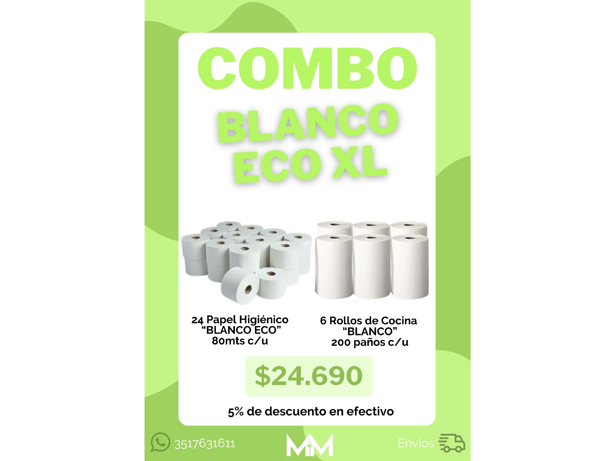 Combo 2: 24 Papel Hig. 80 mts+ 6 Rollo Cocina 200 paños c/u