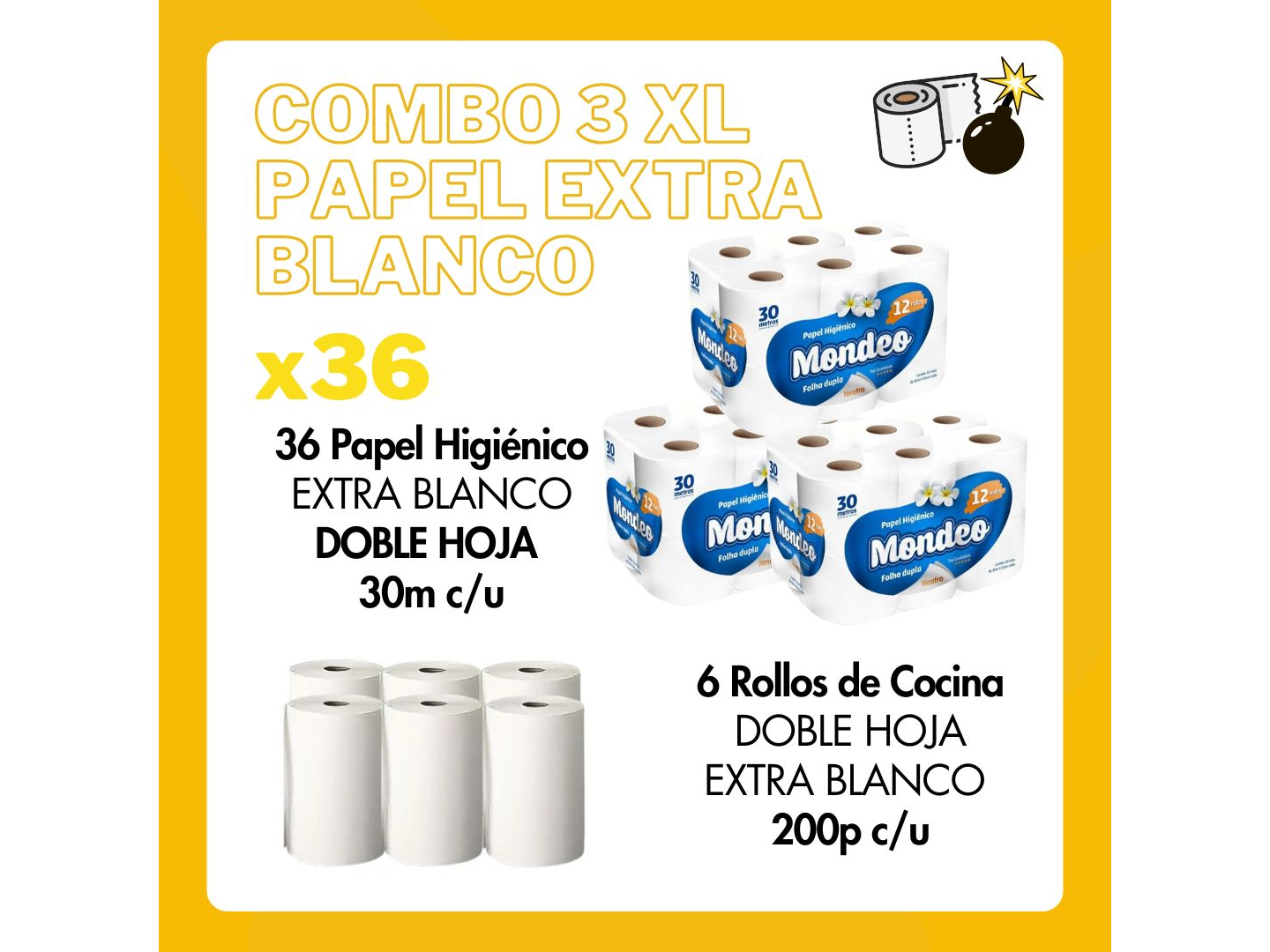 Combo 3: 36 Papel Hig. Doble Hoja 30 mts  + 6 R. Cocina 200 paños "Extra Blanco"