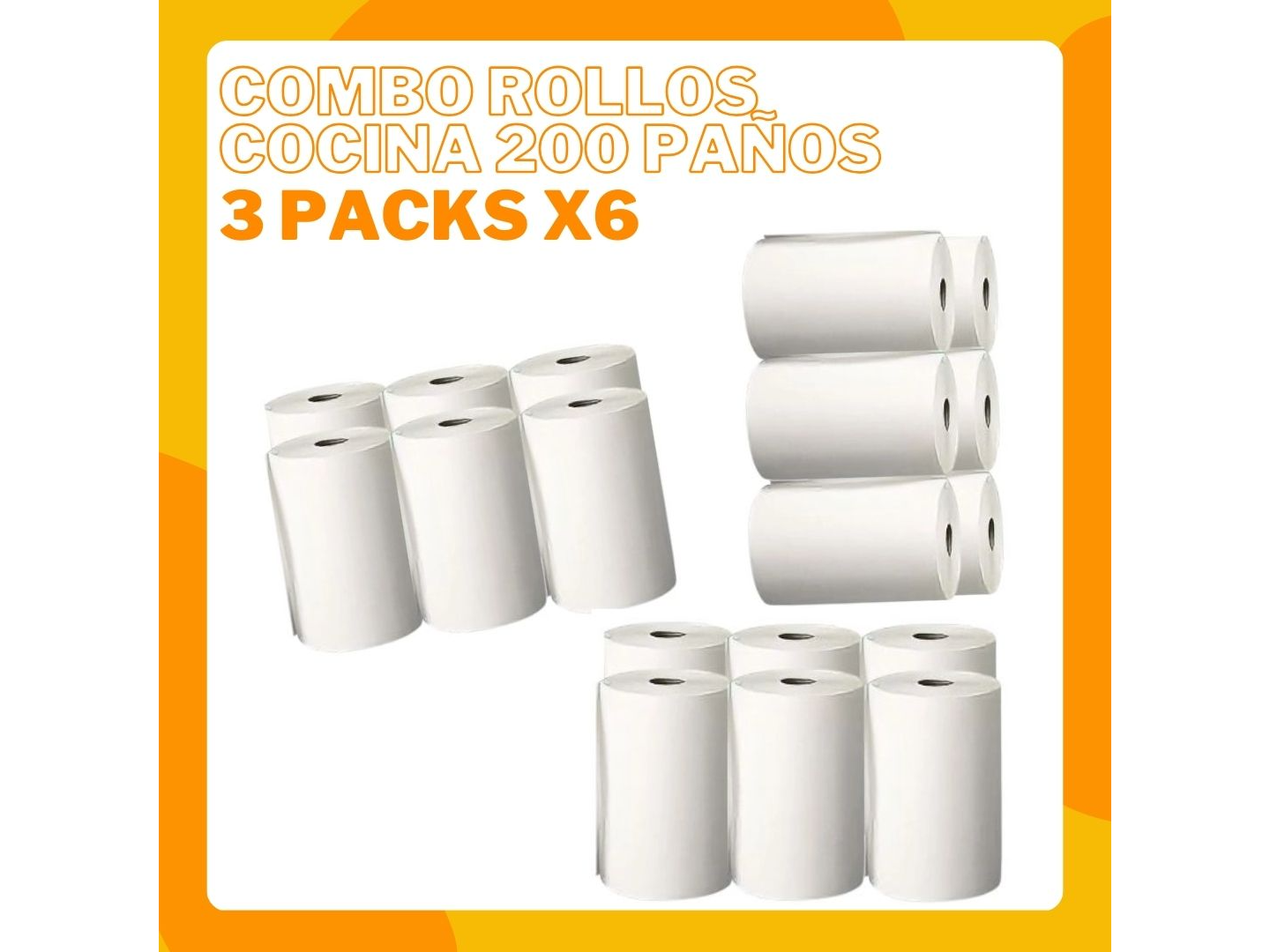 Combo x 3 Pack de Rollos de Cocina x 6 unidades  - 200 paños x rollo "Blanco Eco"
