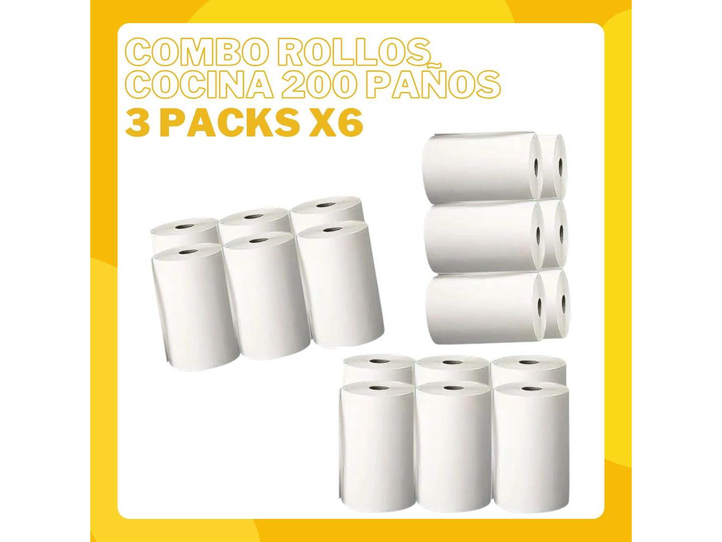 Combo x 3 Pack de Rollos de Cocina x 6 unidades - 200 paños x rollo Extra Blanco