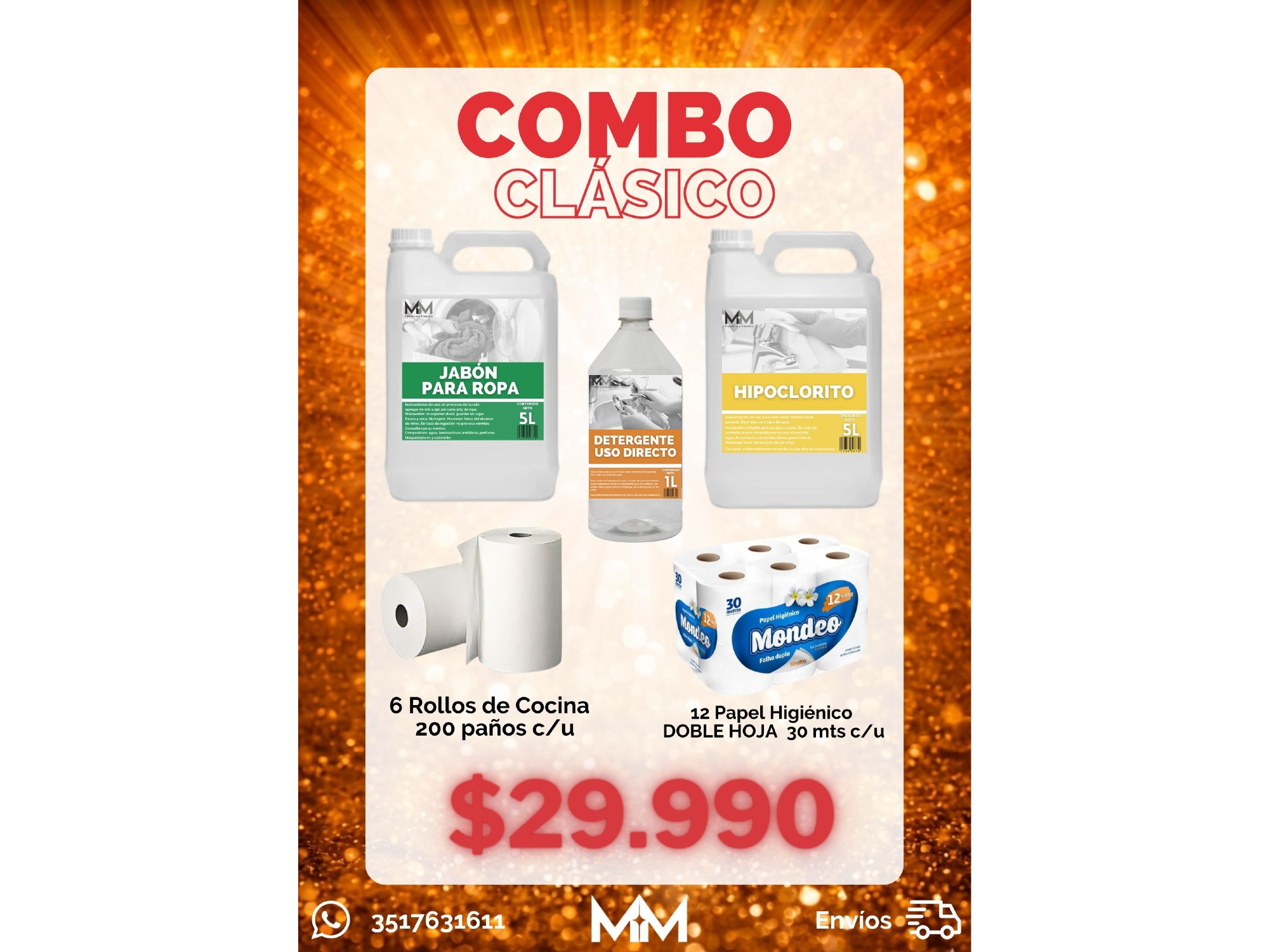 ¡COMBO CLÁSICO! Jabón Ropa + Lavandina + Detergente Cif + Papel Hig. + Rollo de Cocina