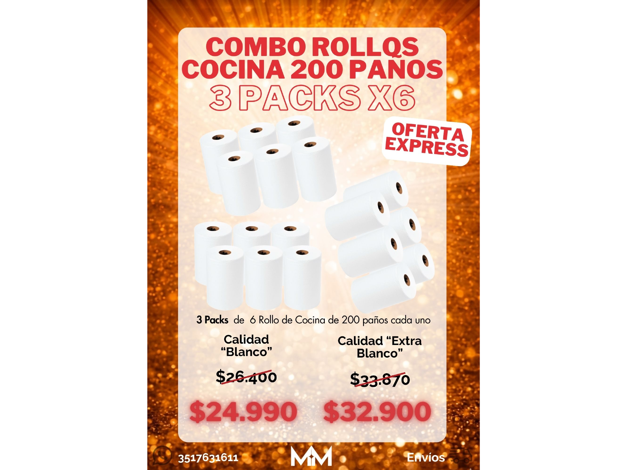 Combo x 3 Pack de Rollos de Cocina x 6 unidades - 200 paños x rollo