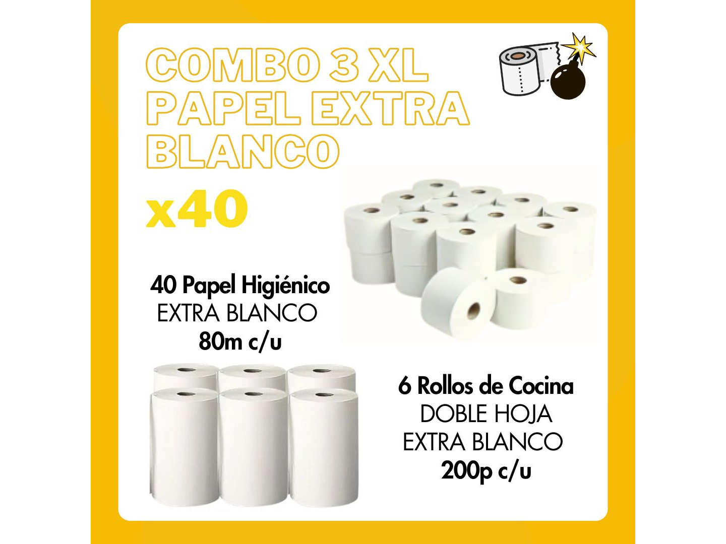 Combo 3 XL: 40 Papel Hig. 80 mts  + 6 R. Cocina 200 paños "Extra Blanco"