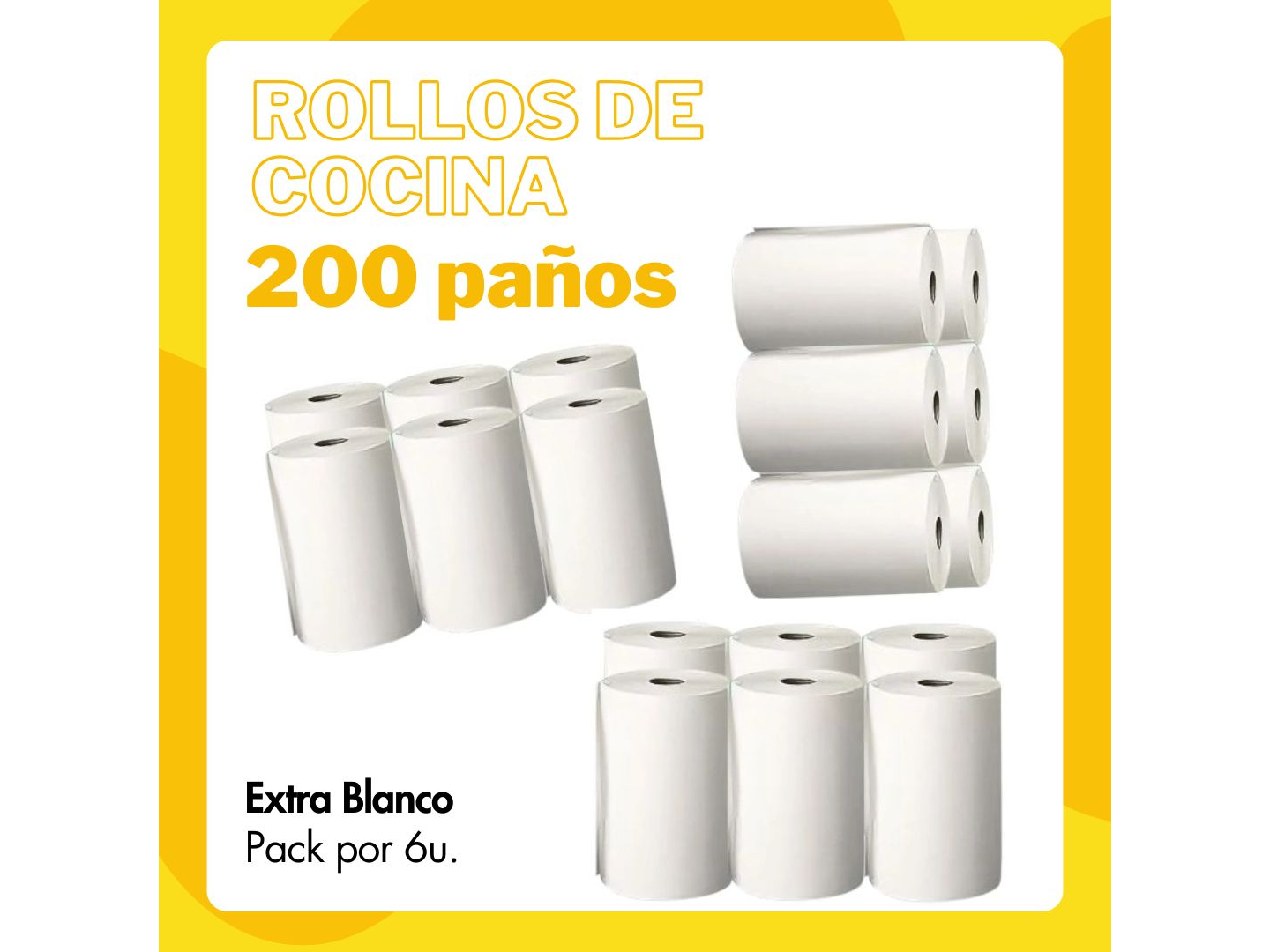 Rollo de Cocina 200 Paños EXTRA BLANCO - Pack por 6 de MM Papeleria y Limpieza