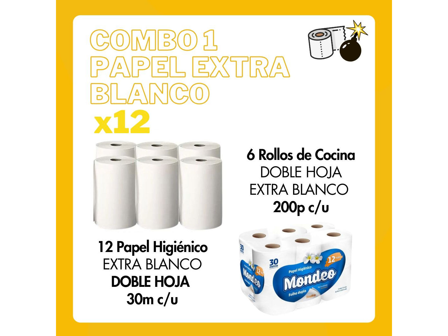 Combo 1: 12 Papel Hig. Doble Hoja + 6 R. Cocina 200 paños "Extra Blanco"