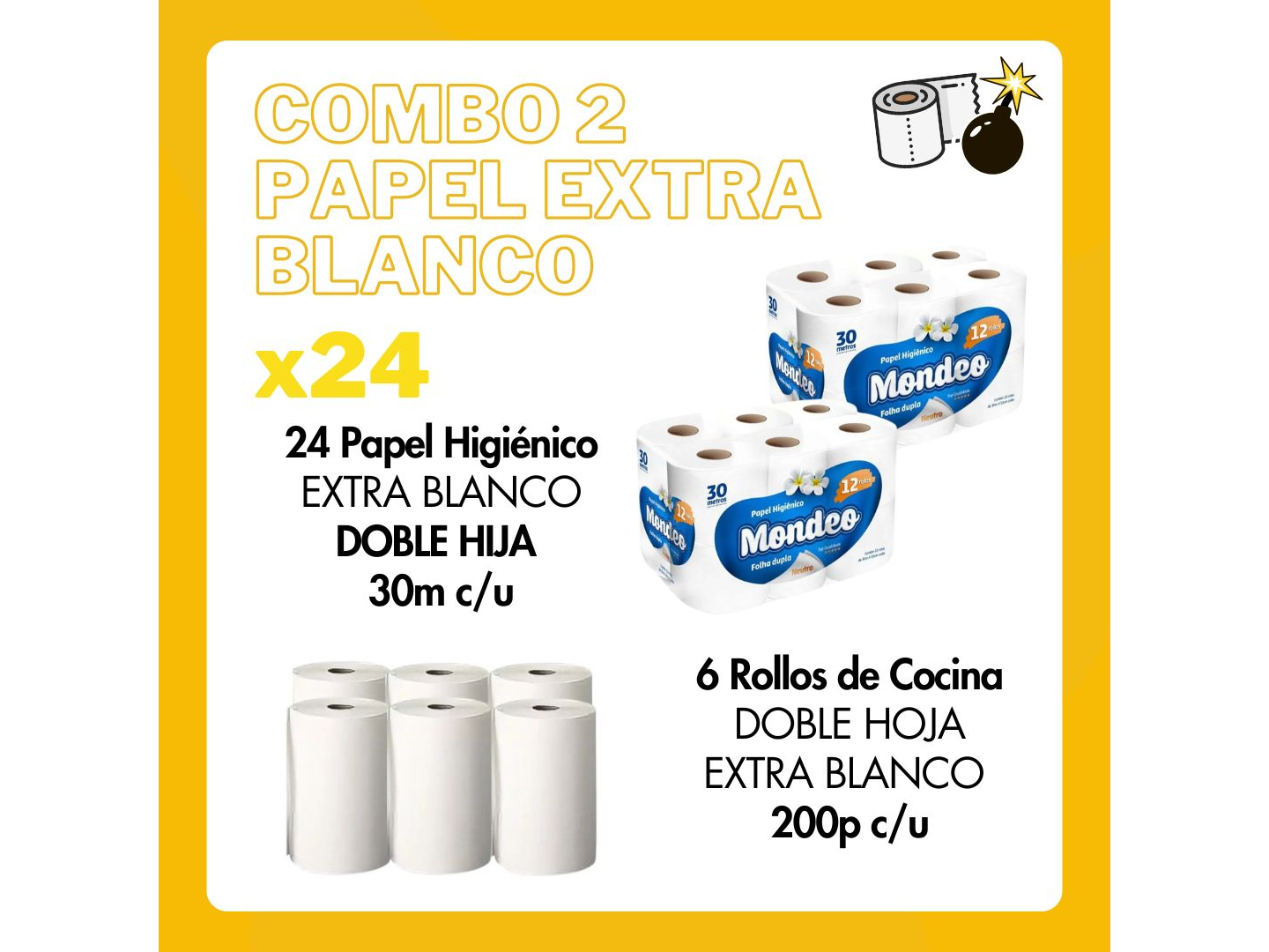 Combo 2: 24 Papel Hig. Doble Hoja 30 mts + 6 R. Cocina 200 paños "Extra Blanco"