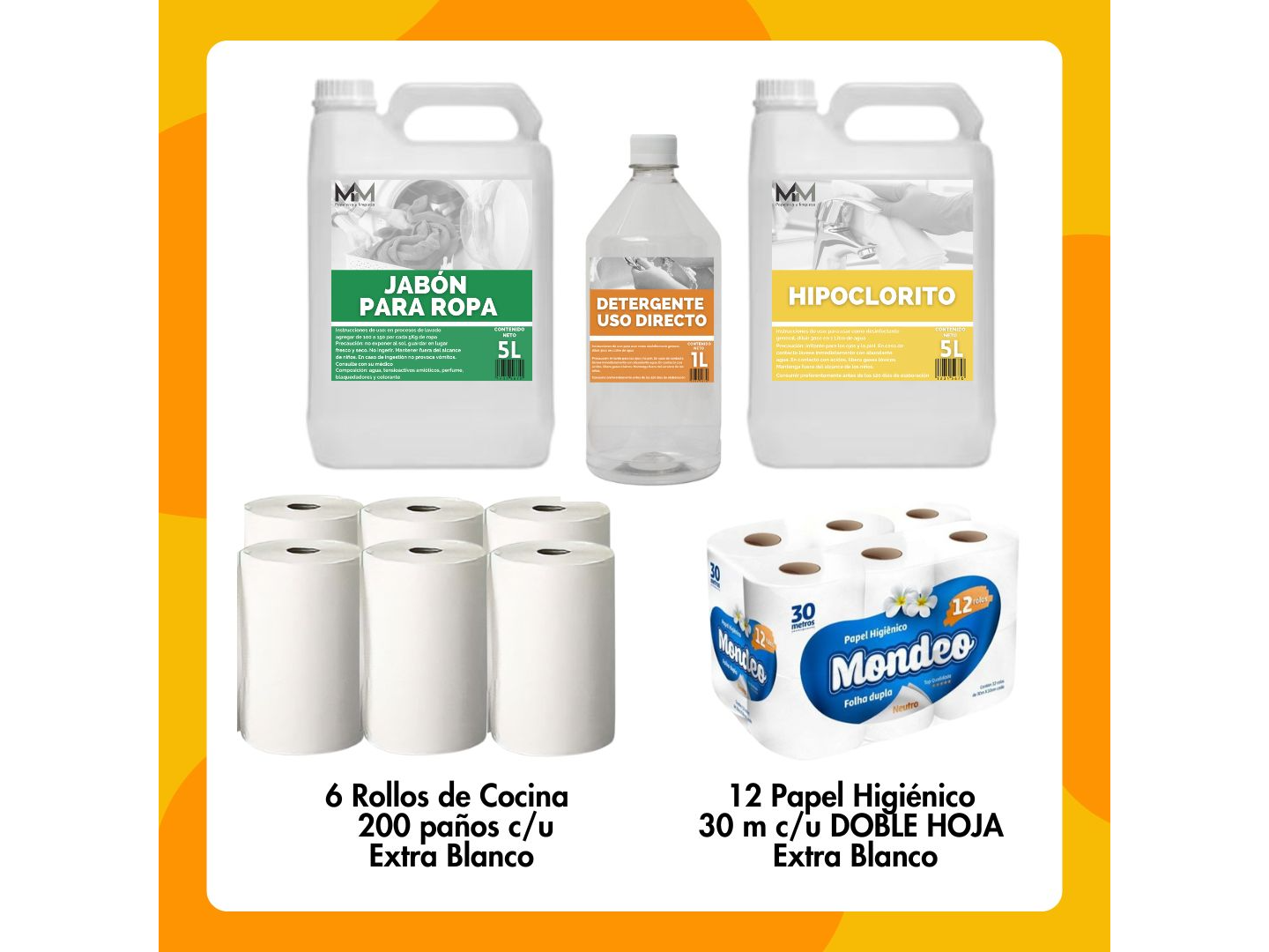 ¡COMBO CLÁSICO! Jabón Ropa + Lavandina + Detergente  1 lt + Papel Hig. + Rollo de Cocina