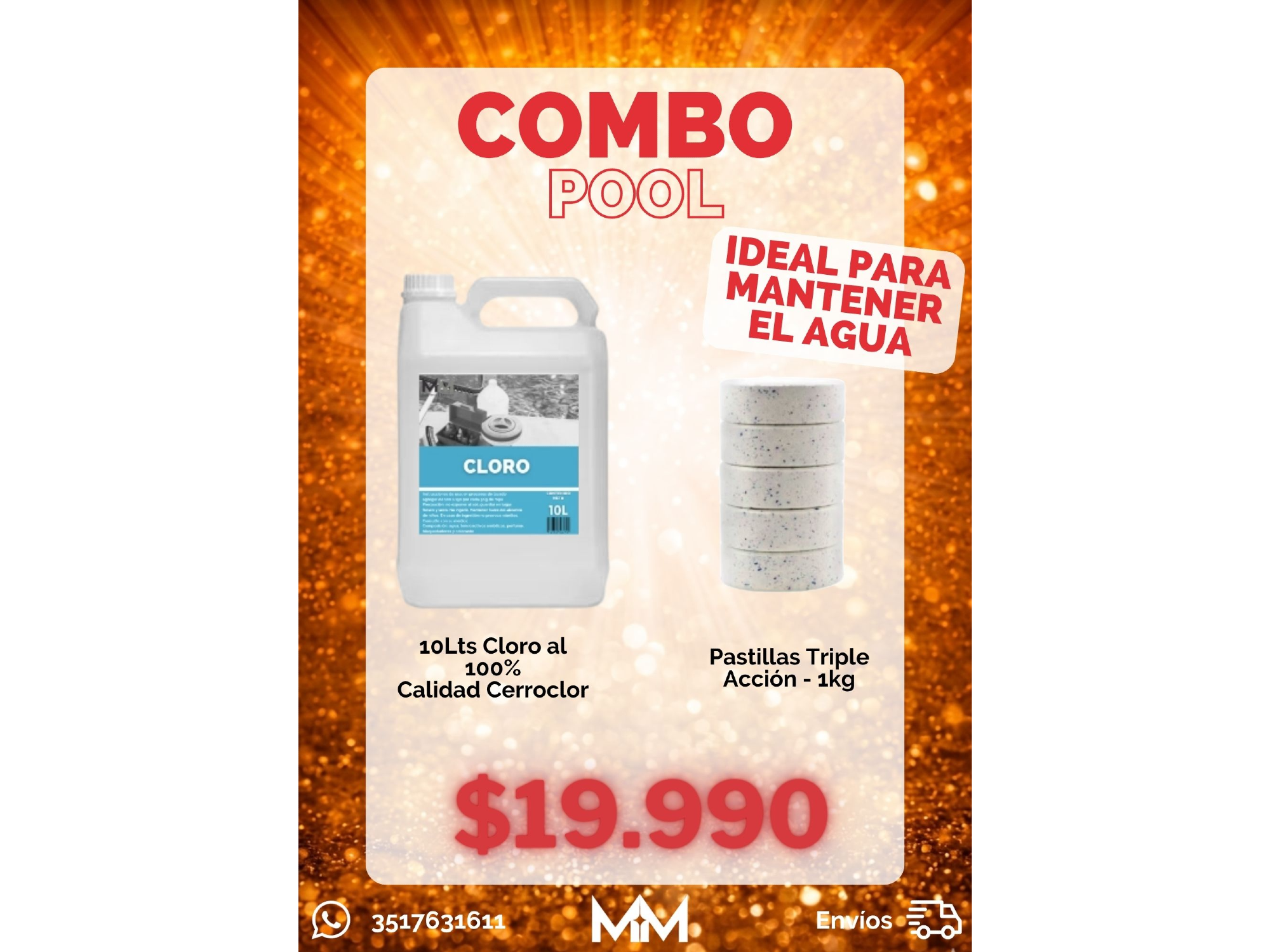 Combo POOL! Cloro 10 lts + Pastillas 1 kg